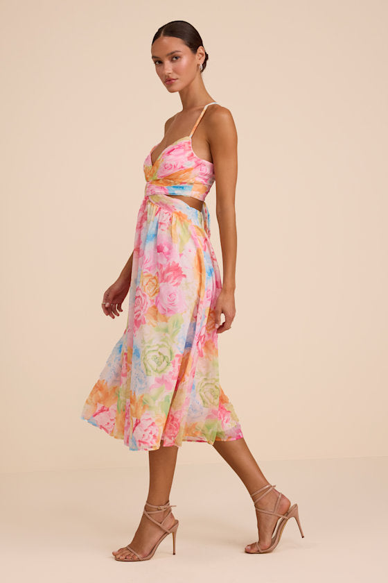 Ettalie Pink Multi Floral Lace-Up Midi Dress