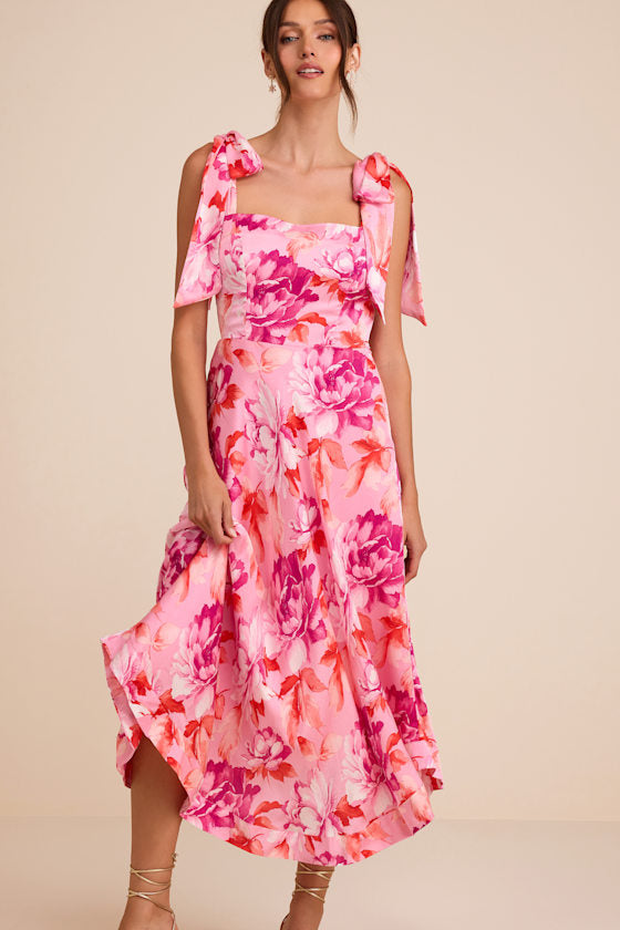 Fleurette Pink Floral Tie-Strap Midi Dress