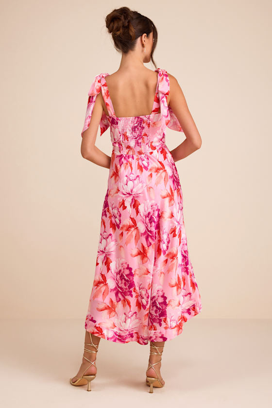 Fleurette Pink Floral Tie-Strap Midi Dress