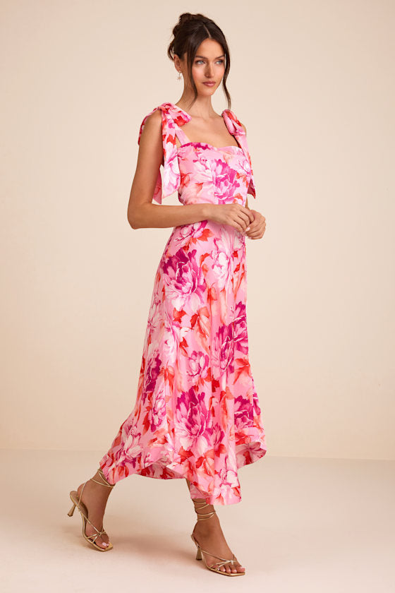 Fleurette Pink Floral Tie-Strap Midi Dress