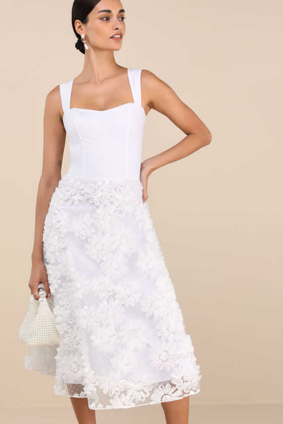 Benedita White Floral Applique Midi Dress