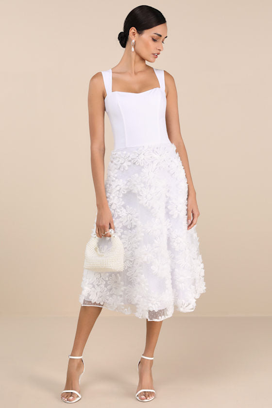 Benedita White Floral Applique Midi Dress