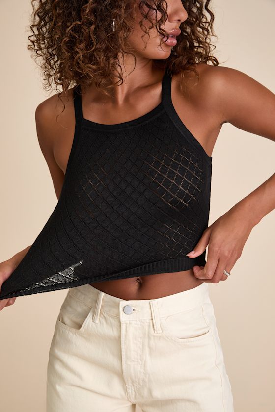 Zealand Black Pointelle Knit Sweater Tank Top