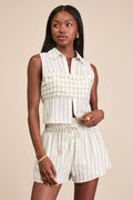 Clarette Light Beige Striped Pleated Collared Top