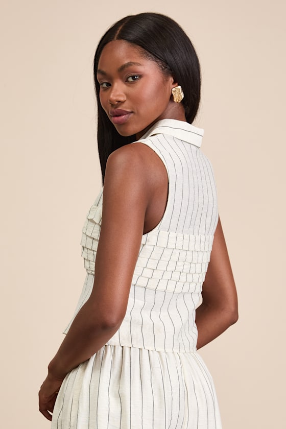 Clarette Light Beige Striped Pleated Collared Top