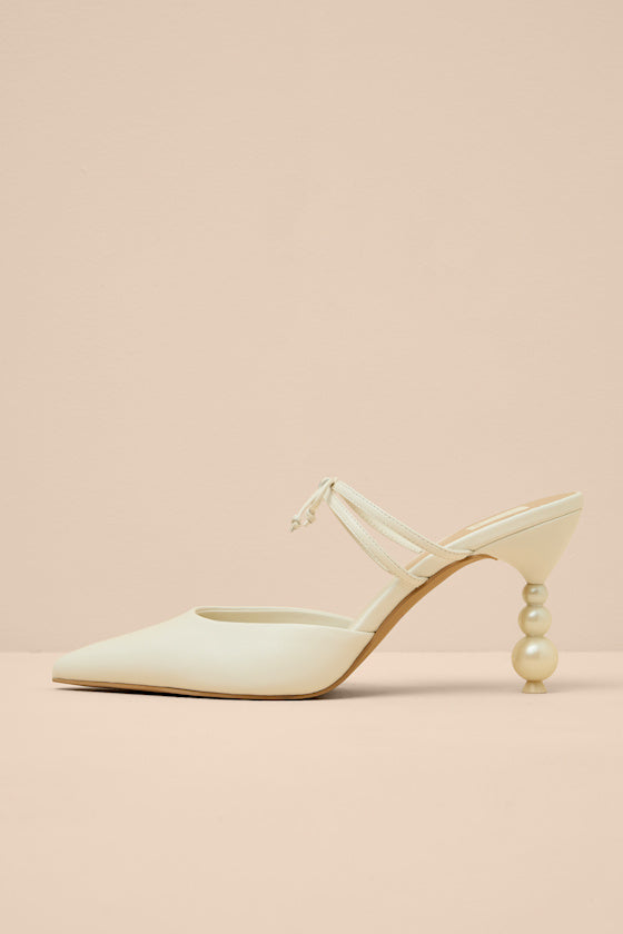 Klaire True White Leather Sculpted Pearl Heel Mule Pumps