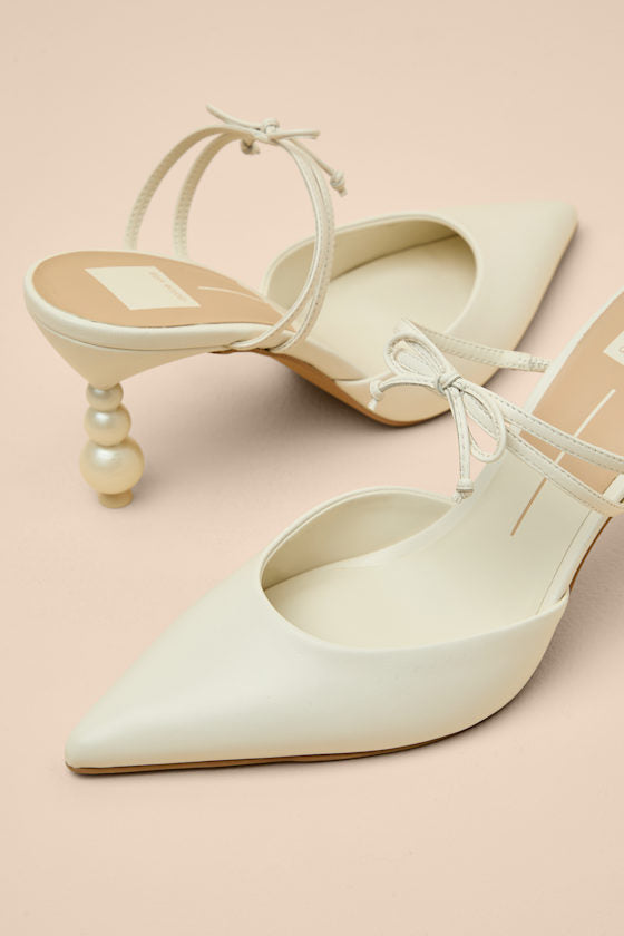 Klaire True White Leather Sculpted Pearl Heel Mule Pumps