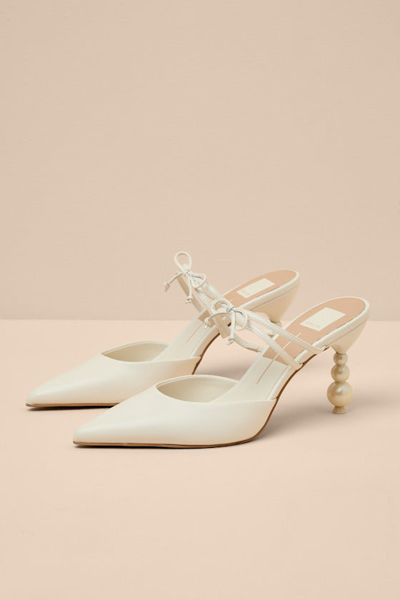 Klaire True White Leather Sculpted Pearl Heel Mule Pumps