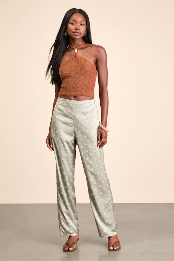 Kiora Sage Boho Print Satin Straight Leg Pants