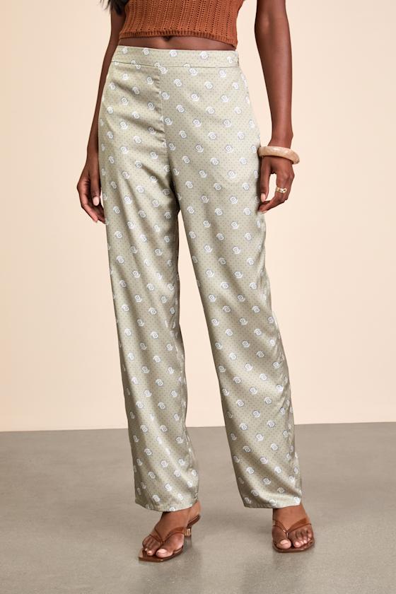 Kiora Sage Boho Print Satin Straight Leg Pants