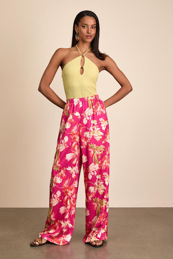 Zelimah Fuchsia Floral Satin Wide-Leg Pants