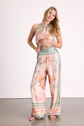 Dreya Beige Multi Boho Print Satin Wide-Leg Pants