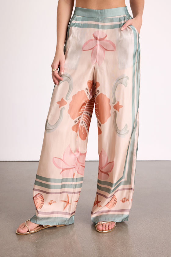 Dreya Beige Multi Boho Print Satin Wide-Leg Pants