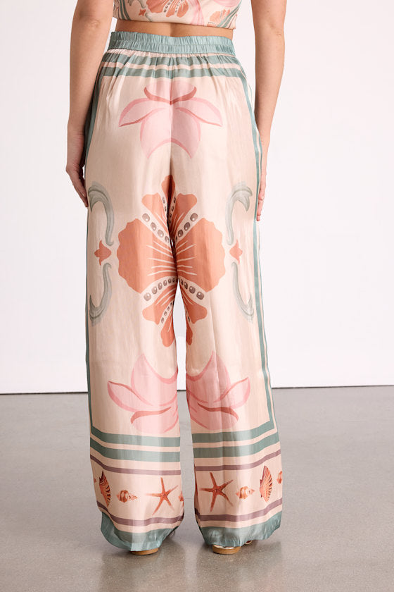 Dreya Beige Multi Boho Print Satin Wide-Leg Pants