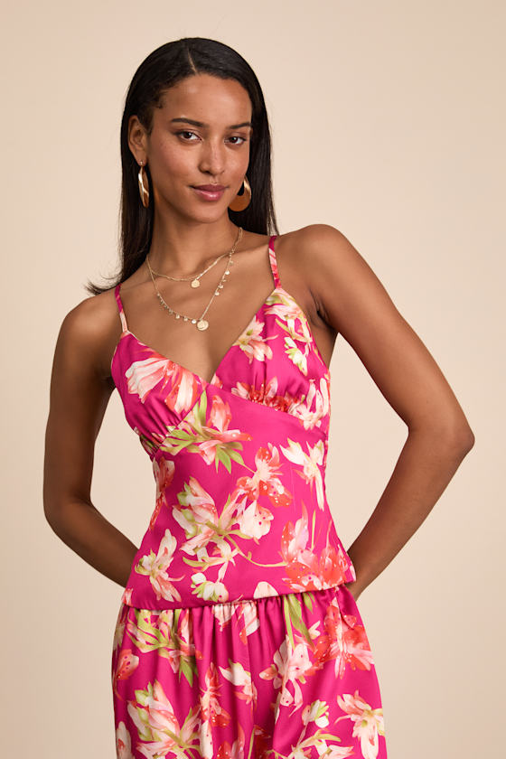 Zelimah Fuchsia Floral Satin Cami Top