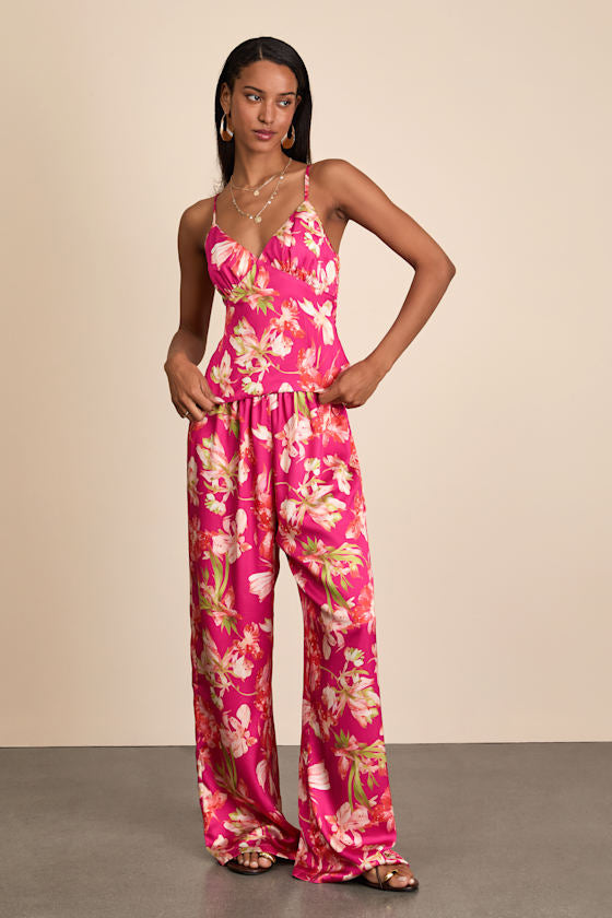 Zelimah Fuchsia Floral Satin Cami Top