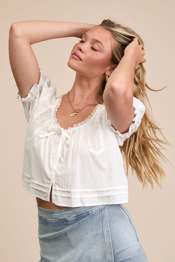 Kinsie White Puff Sleeve Button-Front Top