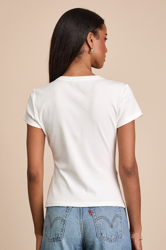 Annalena White Ribbed Button-Front Short Sleeve Top