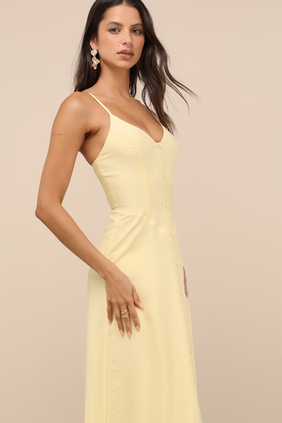 Sanya Light Yellow Button-Front Sleeveless Midi Dress