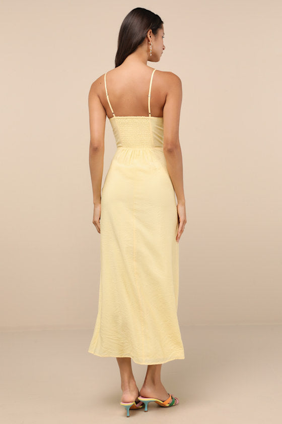 Sanya Light Yellow Button-Front Sleeveless Midi Dress