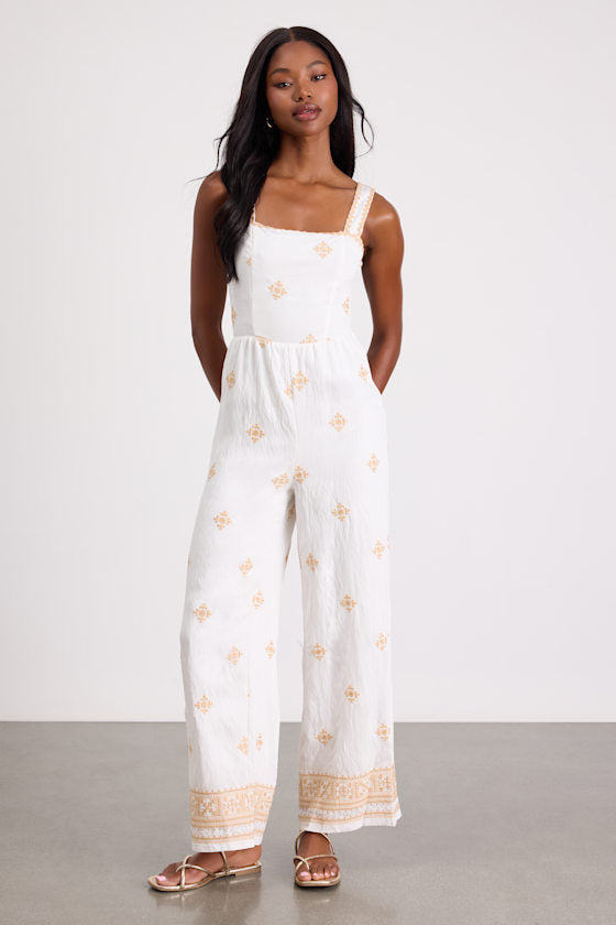 Arwen Ivory Embroidered Wide-Leg Jumpsuit