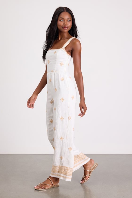 Arwen Ivory Embroidered Wide-Leg Jumpsuit