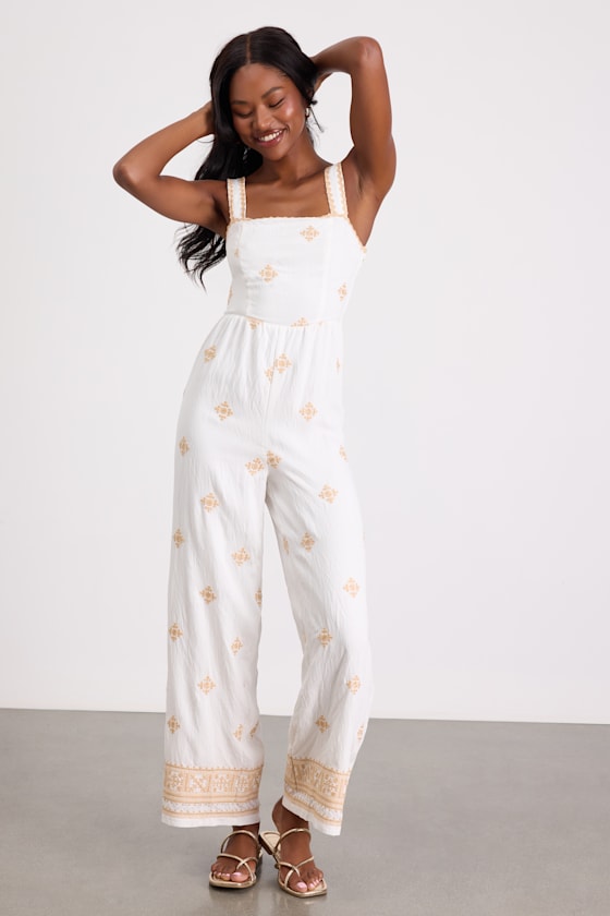 Arwen Ivory Embroidered Wide-Leg Jumpsuit