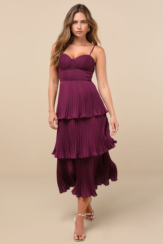 Cascading Crush Plum Purple Tiered Bustier Midi Dress