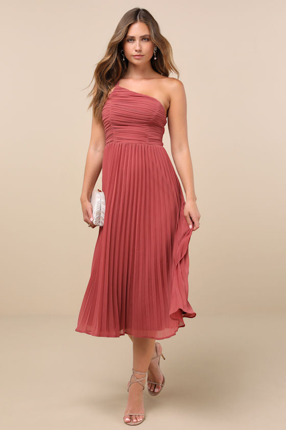 Wondrous Muse Rusty Rose Pleated One-Shoulder Midi Dress