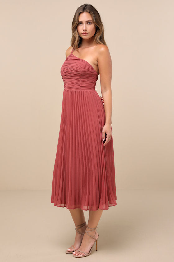 Wondrous Muse Rusty Rose Pleated One-Shoulder Midi Dress