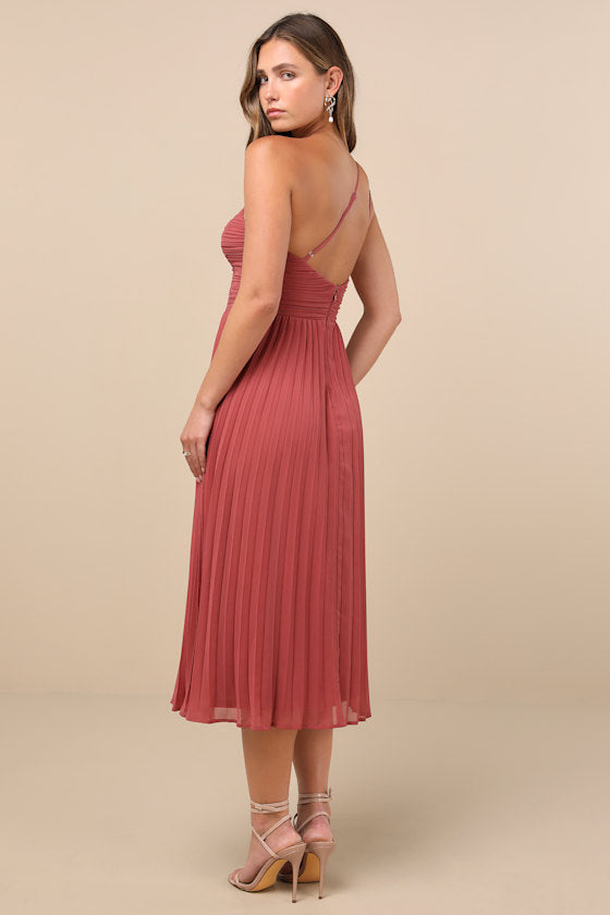 Wondrous Muse Rusty Rose Pleated One-Shoulder Midi Dress