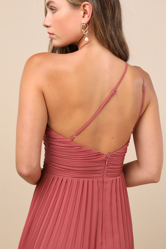 Wondrous Muse Rusty Rose Pleated One-Shoulder Midi Dress