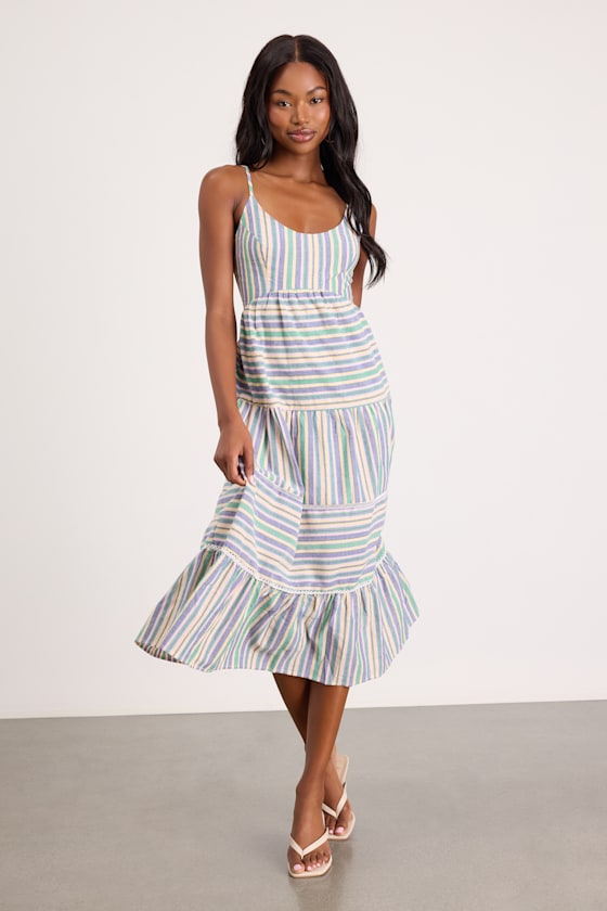 Journi Green Multi Striped Tiered Midi Dress