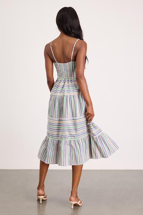 Journi Green Multi Striped Tiered Midi Dress