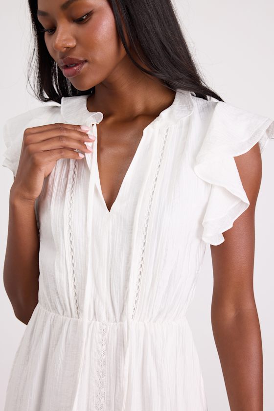 Tanaya White Flutter Sleeve Tiered Mini Dress