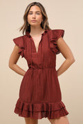 Tanaya Rust Brown Flutter Sleeve Tiered Mini Dress