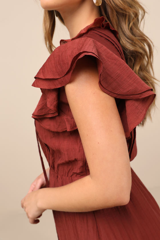 Tanaya Rust Brown Flutter Sleeve Tiered Mini Dress