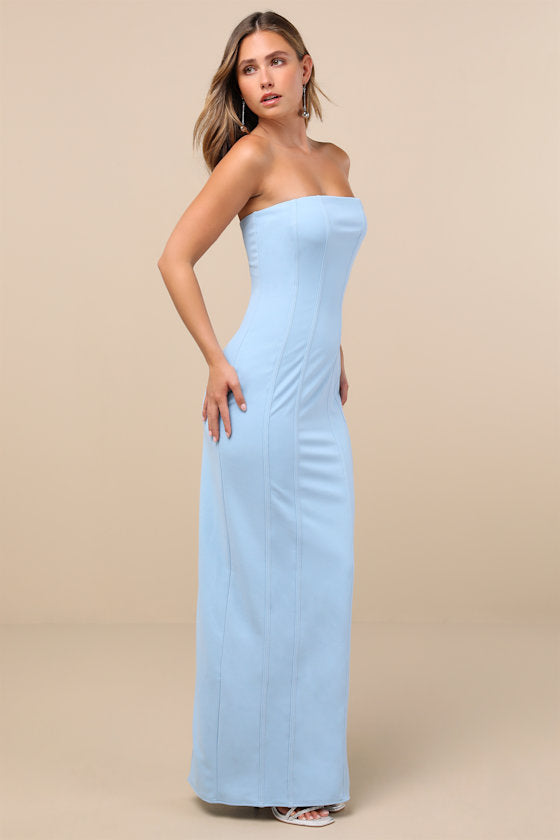 Ismene Light Blue Seamed Strapless Maxi Dress