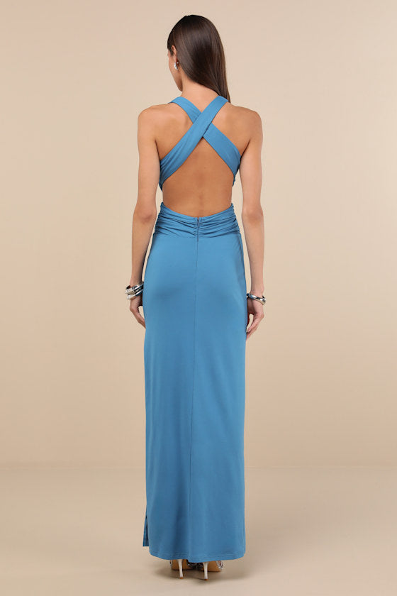 Alexandria Turquoise Backless Column Maxi Dress