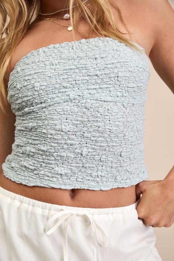 Bellona Light Blue Jacquard Knit Strapless Crop Top