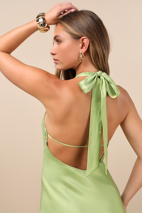 Lashay Light Green Satin Halter Mermaid Maxi Dress
