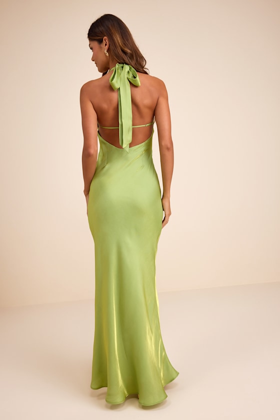 Lashay Light Green Satin Halter Mermaid Maxi Dress