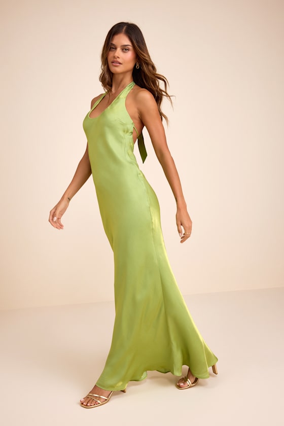 Lashay Light Green Satin Halter Mermaid Maxi Dress