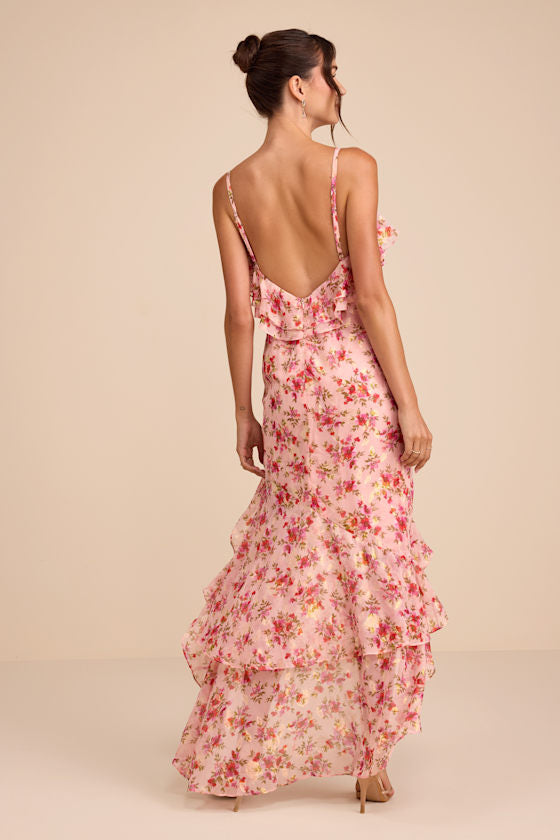 Tameron Pink Floral Ruffled High-Low Maxi Dress