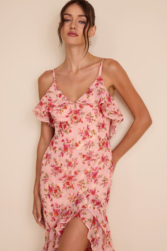 Tameron Pink Floral Ruffled High-Low Maxi Dress