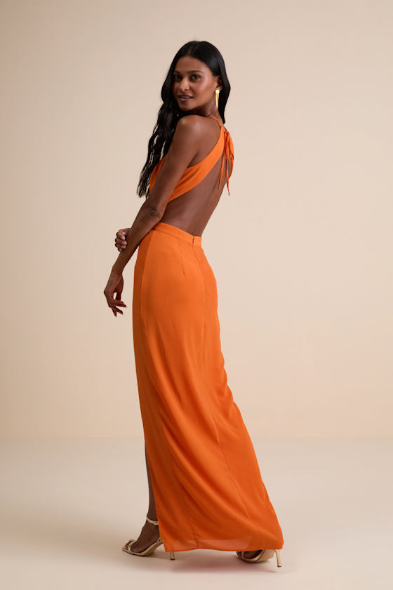 Nettie Orange Halter Backless Maxi Dress