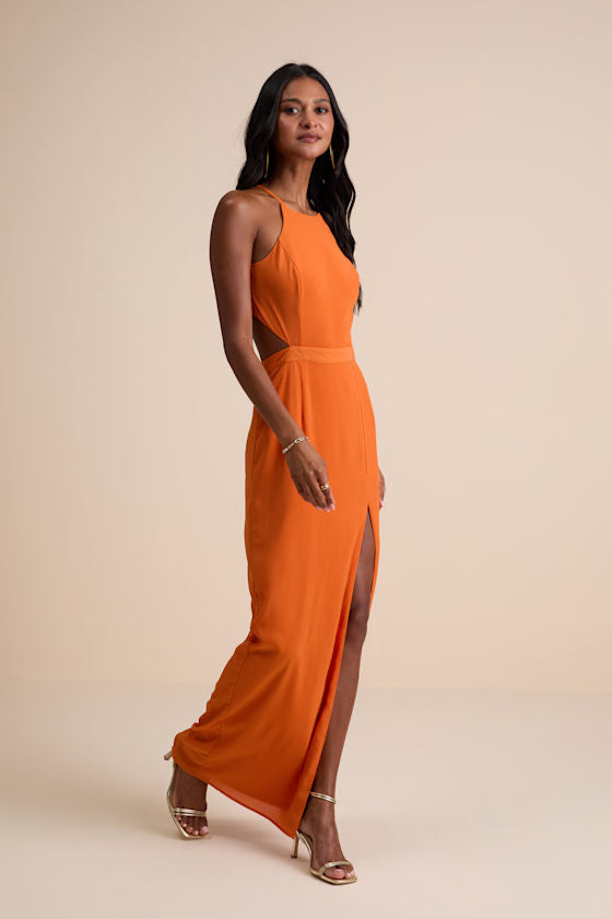 Nettie Orange Halter Backless Maxi Dress