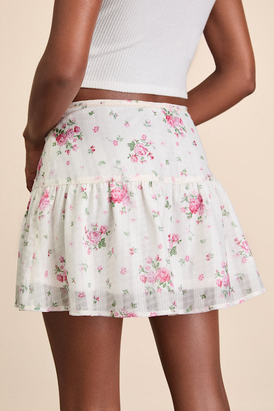 Tullia Ivory Floral Chiffon Mini Skirt