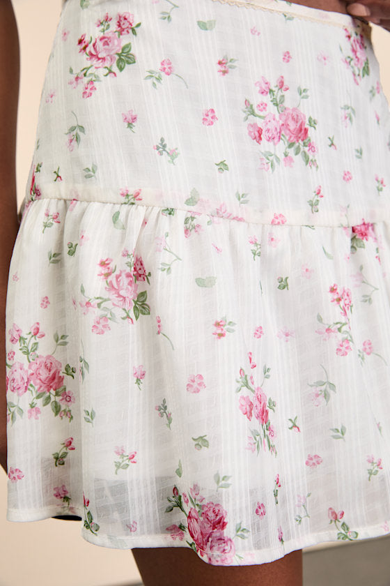 Tullia Ivory Floral Chiffon Mini Skirt