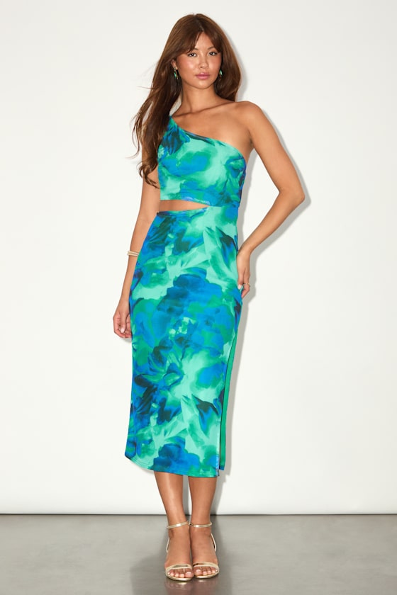 Ismerida Green and Blue Abstract Mesh One-Shoulder Midi Dress